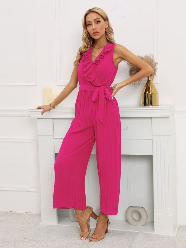 Women's Solid Color Ruffle Rim Waist Tie Jumpsuit