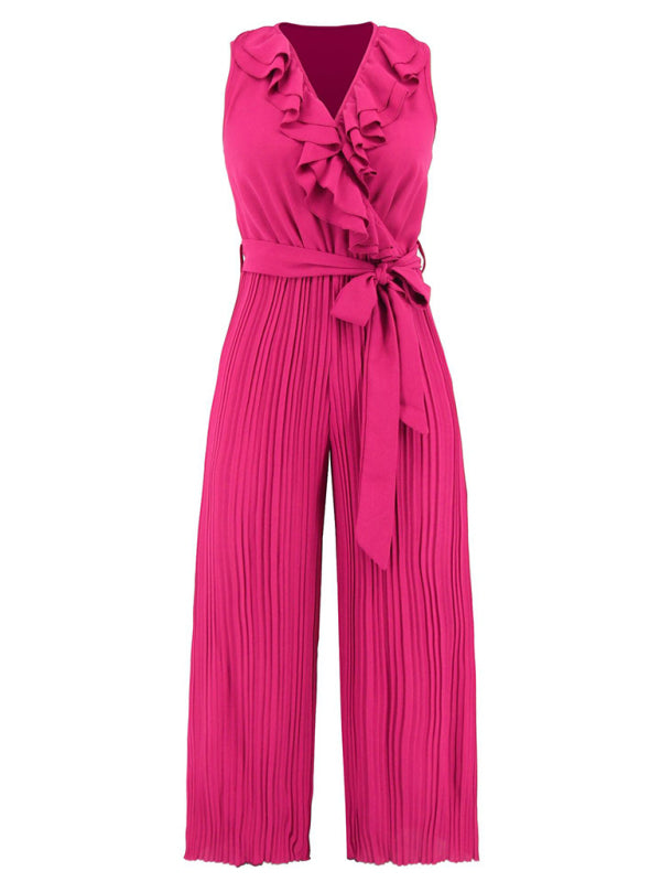 Women's Solid Color Ruffle Rim Waist Tie Jumpsuit