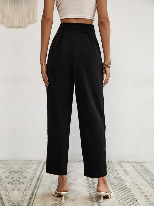 Women's Solid Color Tie Waist Straight Leg Pants