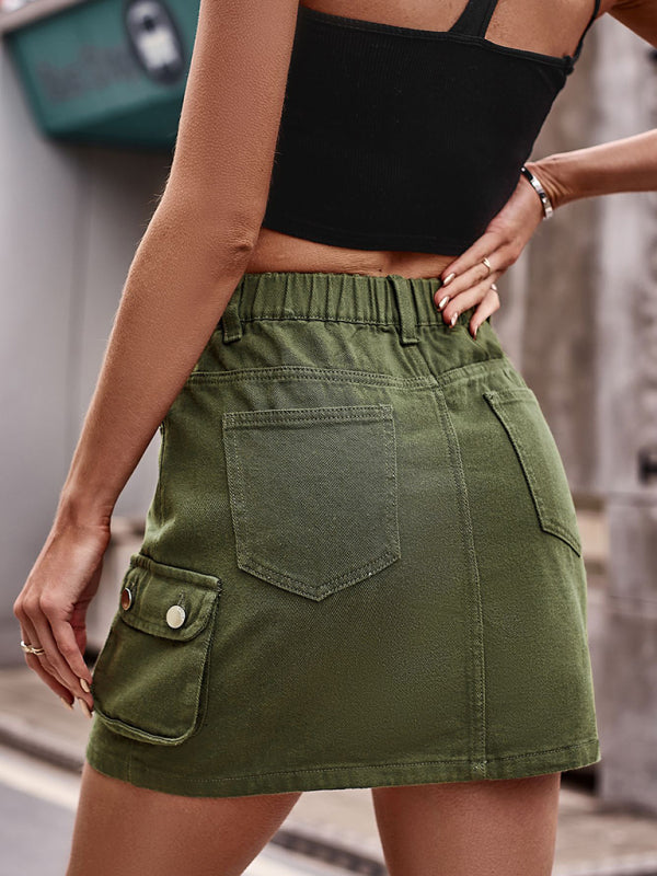 Women's elastic waist denim work dress casual skirt