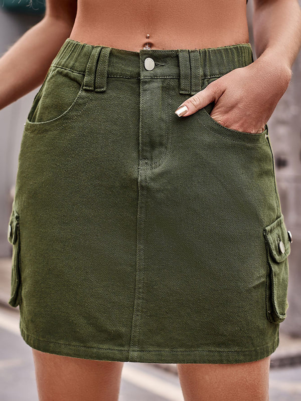 Women's elastic waist denim work dress casual skirt