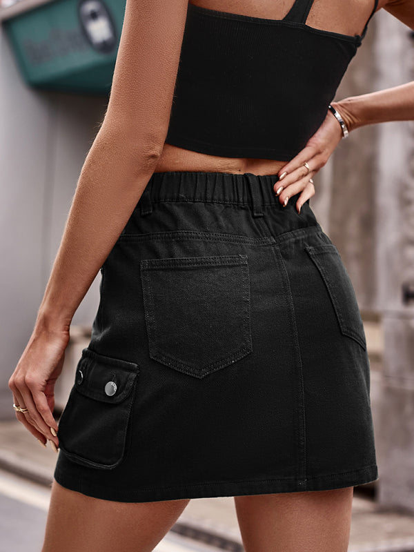 Women's elastic waist denim work dress casual skirt