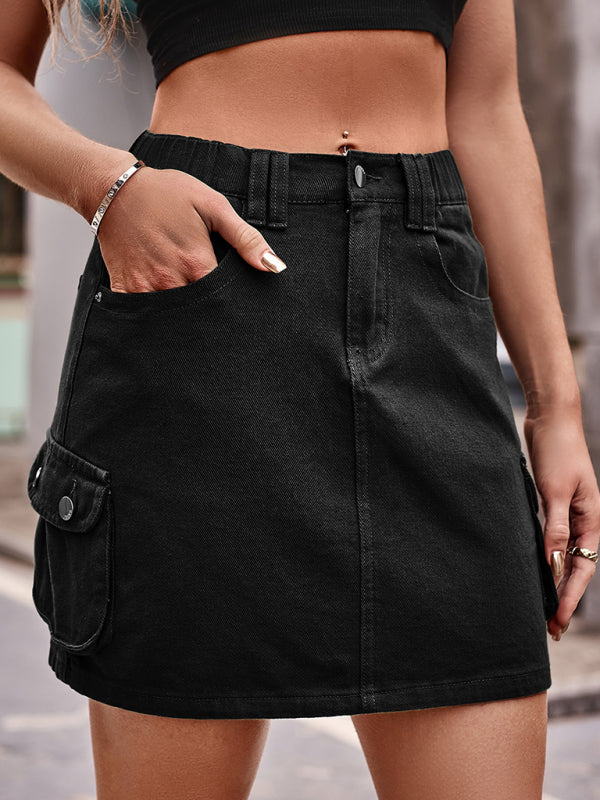 Women's elastic waist denim work dress casual skirt