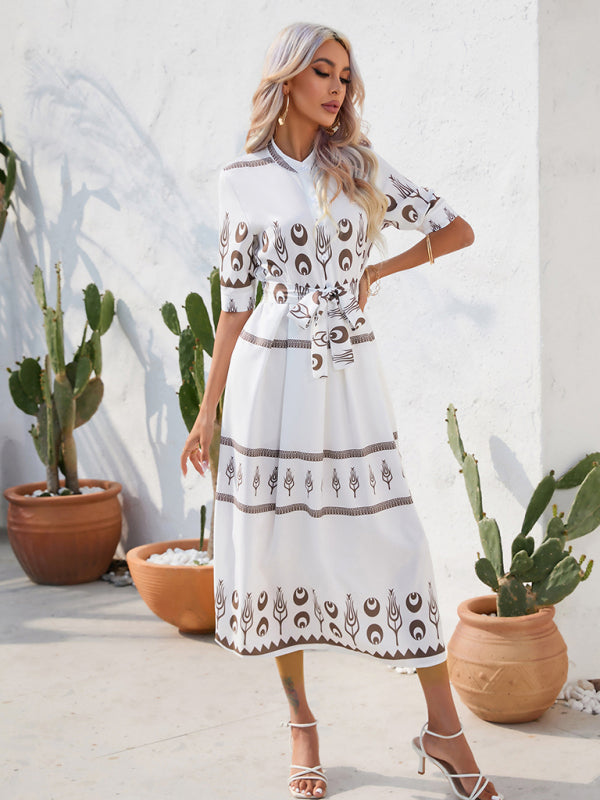 Women's Printed Three-quarter-sleeve Shirred-waist Crepe Maxi Dress