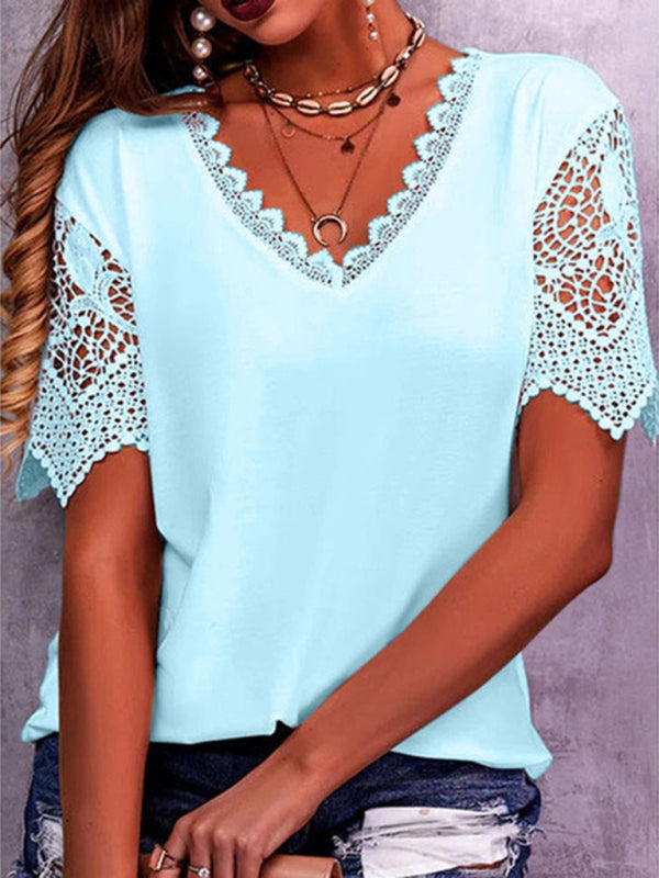 Women's Solid Color Lace Trim Short Sleeve Media Top