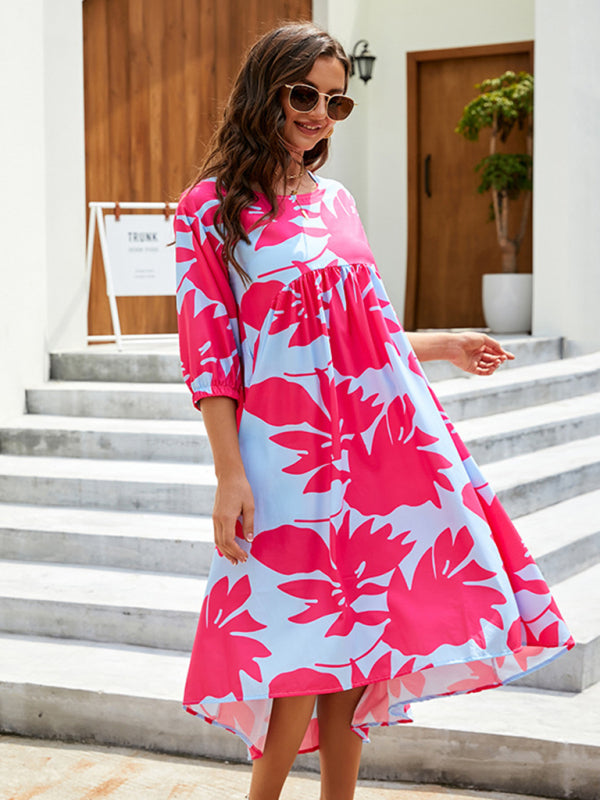Women's woven loose round neck printing dress
