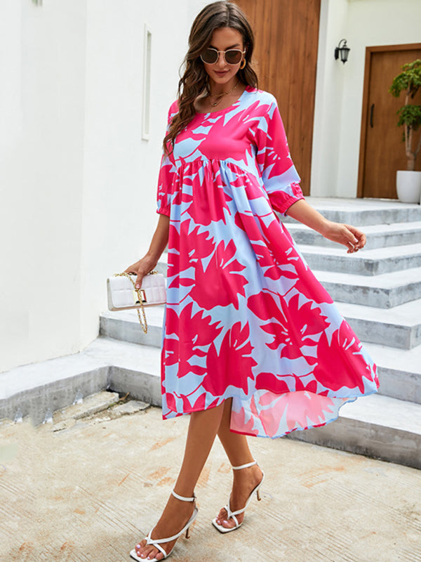 Women's woven loose round neck printing dress