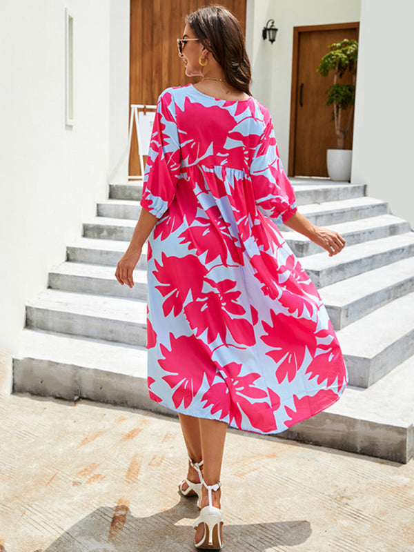 Women's woven loose round neck printing dress