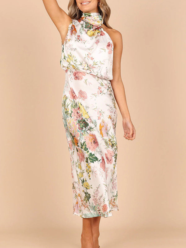 Women's Floral Print Halter Neck Midi Dress