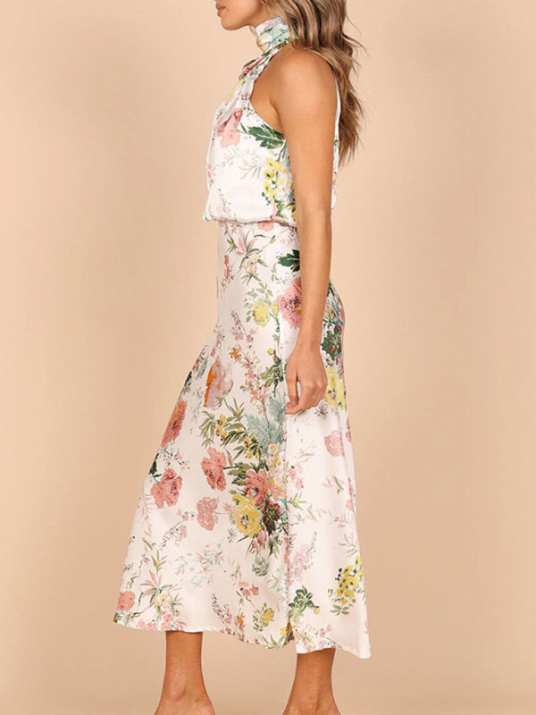 Women's Floral Print Halter Neck Midi Dress