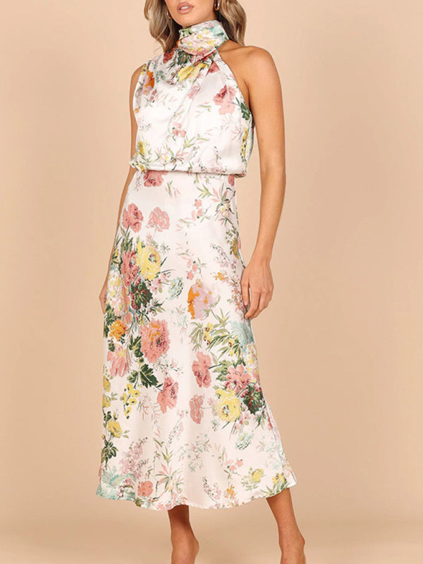Women's Floral Print Halter Neck Midi Dress