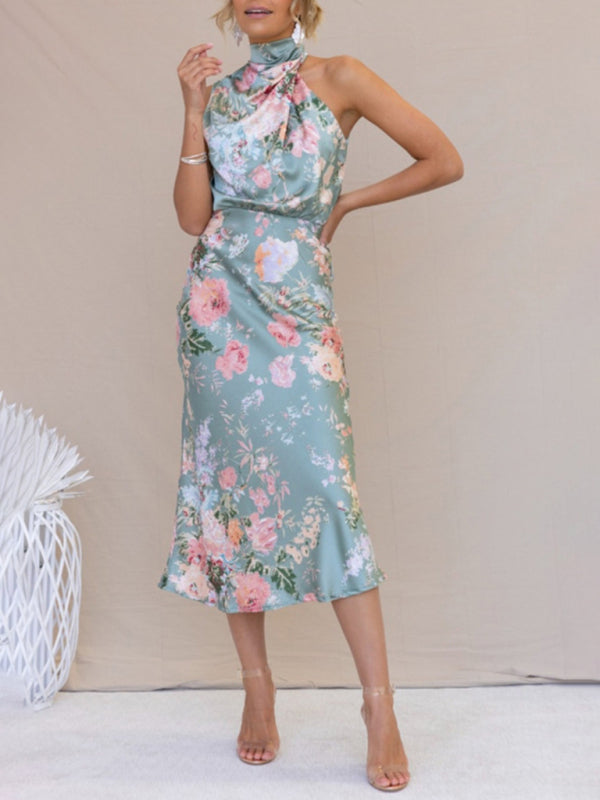 Women's Floral Print Halter Neck Midi Dress
