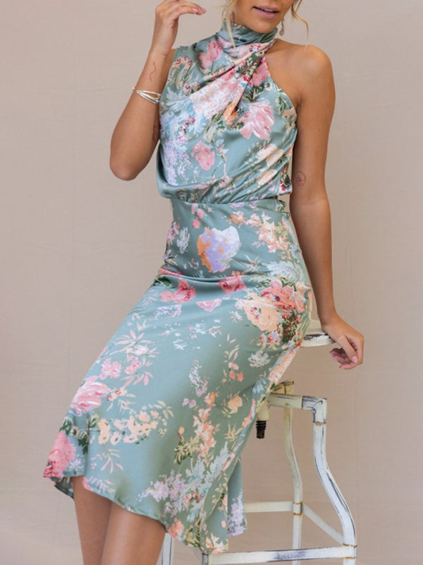 Women's Floral Print Halter Neck Midi Dress
