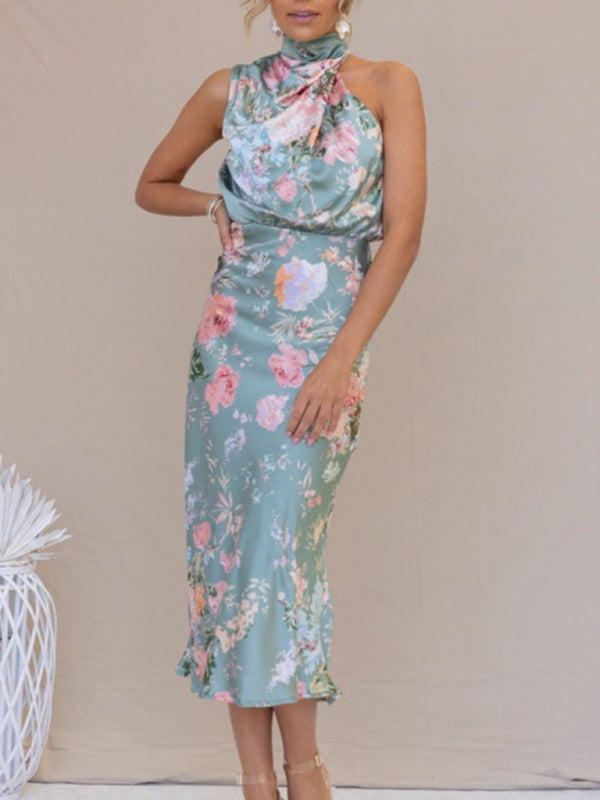 Women's Floral Print Halter Neck Midi Dress