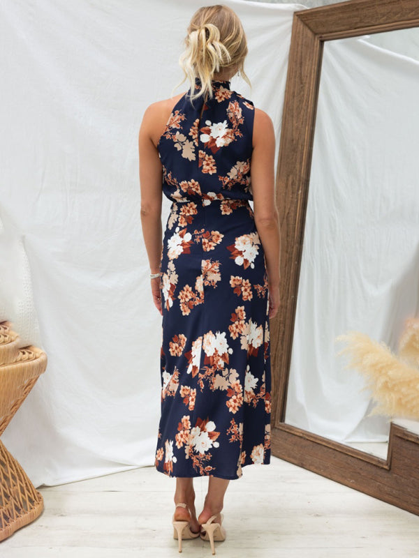Women's Floral Print Halter Neck Midi Dress