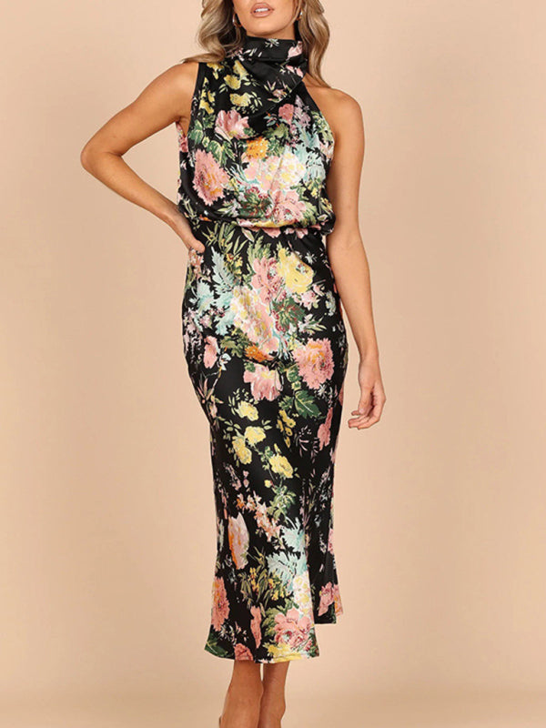 Women's Floral Print Halter Neck Midi Dress