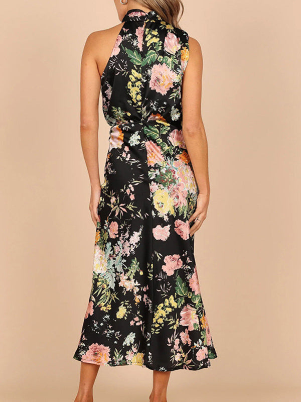 Women's Floral Print Halter Neck Midi Dress