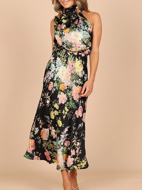 Women's Floral Print Halter Neck Midi Dress
