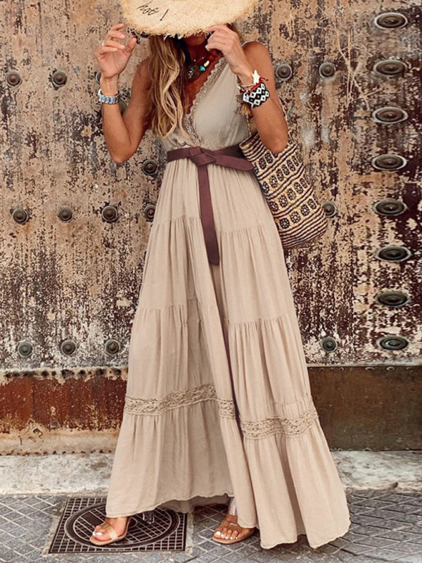 Women's French style high waist V-neck stitching dress maxi dress