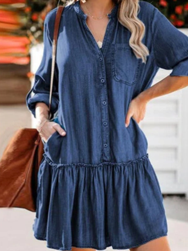 Women's V-neck stitching loose-breasted denim midi skirt Dress