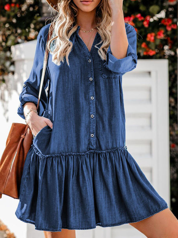 Women's V-neck stitching loose-breasted denim midi skirt Dress