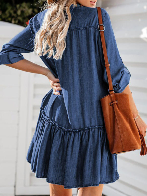 Women's V-neck stitching loose-breasted denim midi skirt Dress