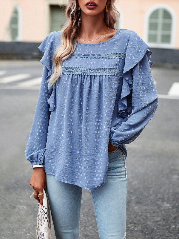 Women's Elegant ruffled lace edge stitching casual long-sleeved blouse