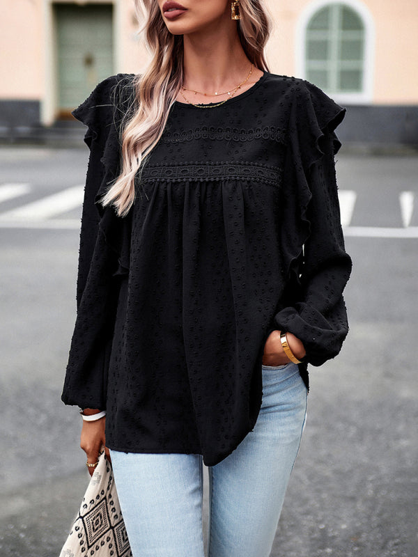 Women's Elegant ruffled lace edge stitching casual long-sleeved blouse
