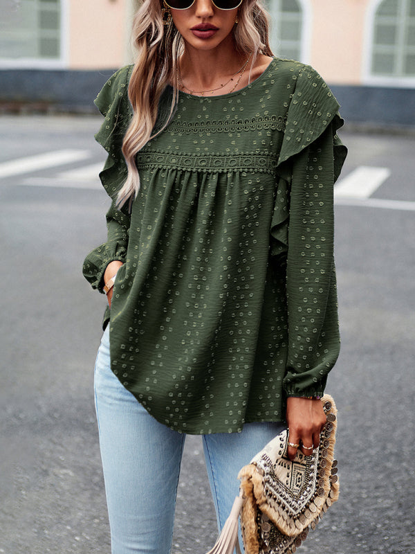 Women's Elegant ruffled lace edge stitching casual long-sleeved blouse