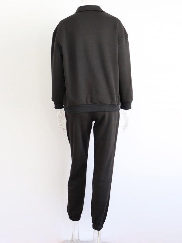 Women's Long Sleeve Zipper Stand Collar Sweater Comfortable Loose Sports Leisure Sweater Two-piece Set
