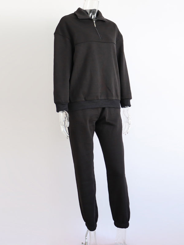 Women's Long Sleeve Zipper Stand Collar Sweater Comfortable Loose Sports Leisure Sweater Two-piece Set
