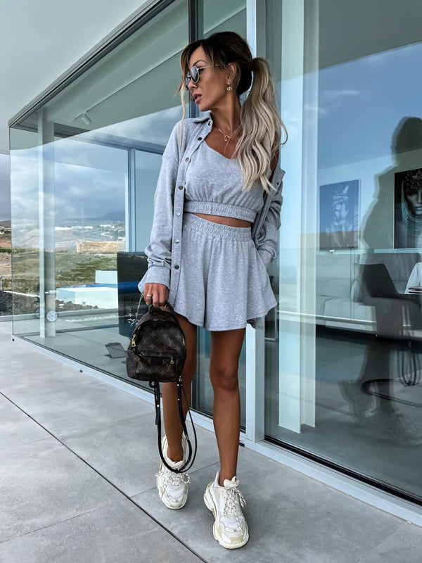New Women's Casual Three-Piece Suit Vacation Loose Pocket Shorts Sets