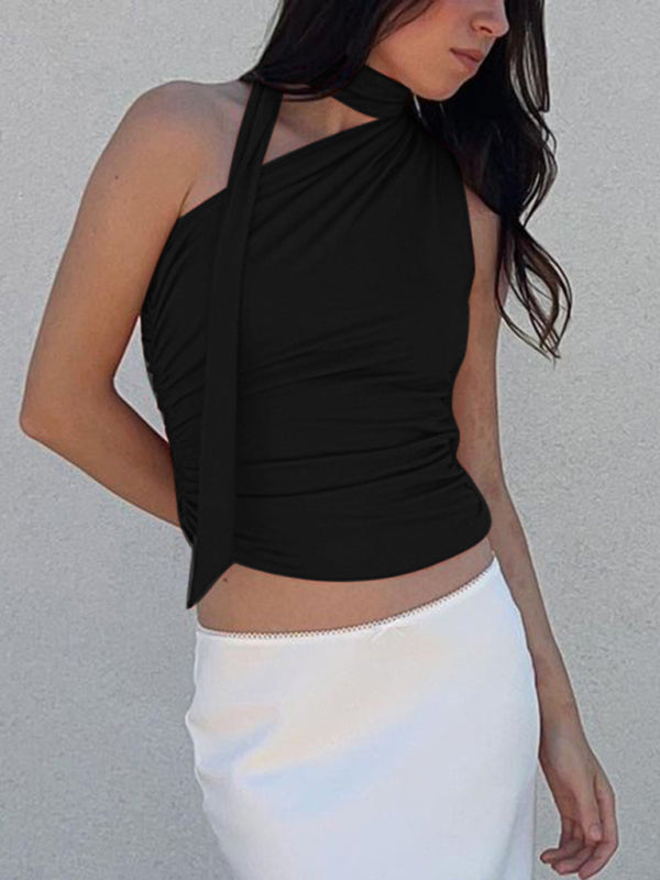 Women's Casual all-match slim-fit one-shoulder streamer design solid color sleeveless vest top