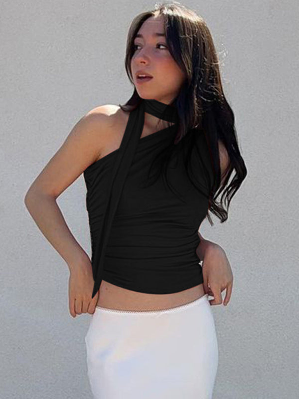 Women's Casual all-match slim-fit one-shoulder streamer design solid color sleeveless vest top