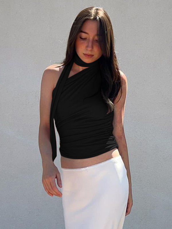 Women's Casual all-match slim-fit one-shoulder streamer design solid color sleeveless vest top