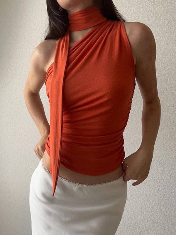 Women's Casual all-match slim-fit one-shoulder streamer design solid color sleeveless vest top