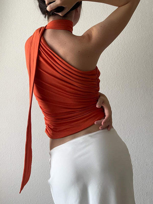 Women's Casual all-match slim-fit one-shoulder streamer design solid color sleeveless vest top