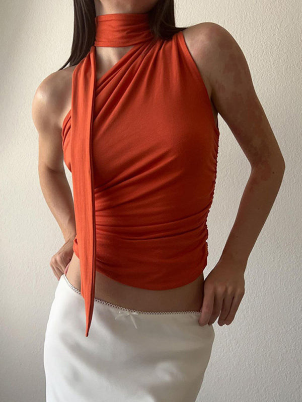 Women's Casual all-match slim-fit one-shoulder streamer design solid color sleeveless vest top
