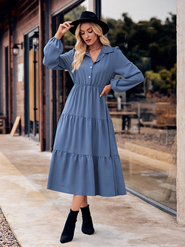 Women's Casual Shirt Collar Button Waist Long Sleeve Dress