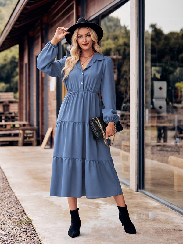 Women's Casual Shirt Collar Button Waist Long Sleeve Dress
