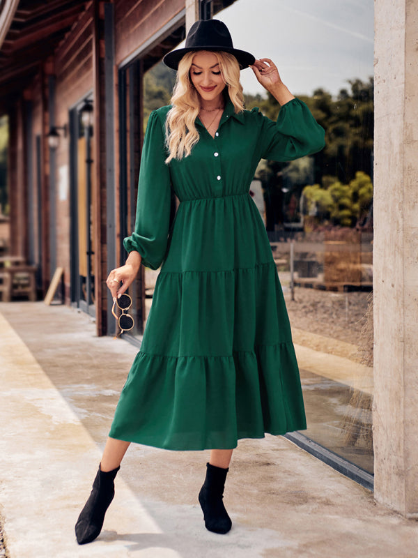 Women's Casual Shirt Collar Button Waist Long Sleeve Dress