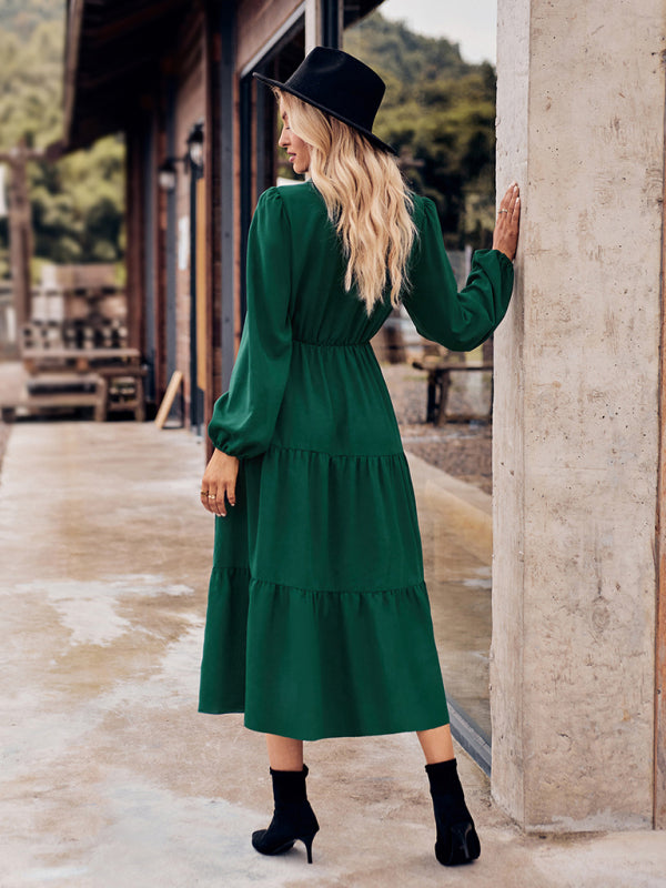 Women's Casual Shirt Collar Button Waist Long Sleeve Dress