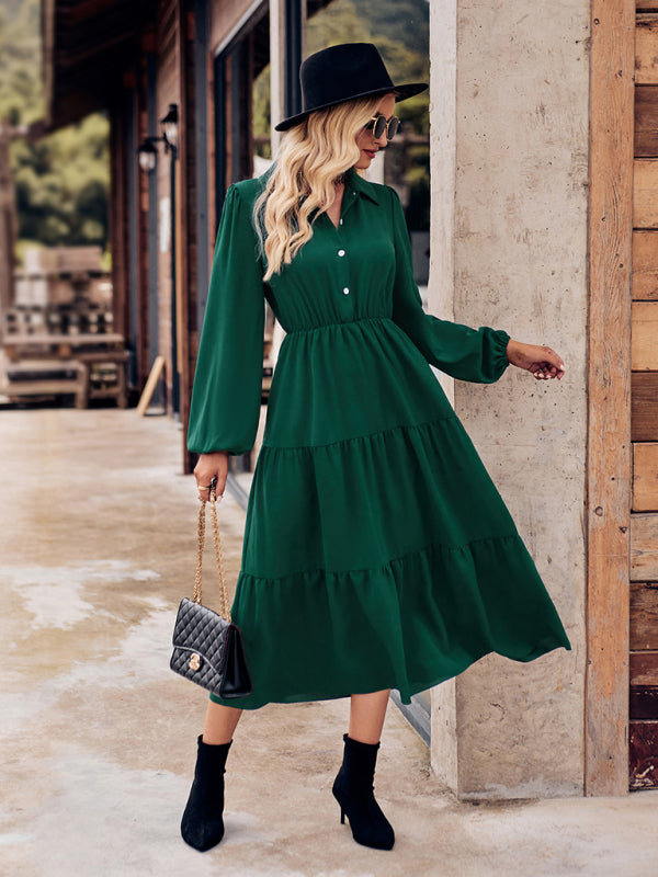Women's Casual Shirt Collar Button Waist Long Sleeve Dress