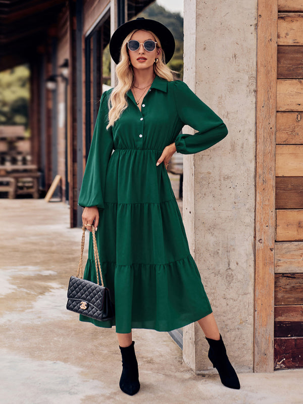 Women's Casual Shirt Collar Button Waist Long Sleeve Dress