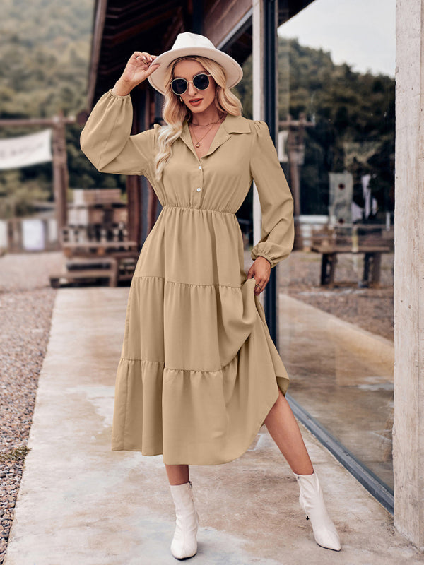Women's Casual Shirt Collar Button Waist Long Sleeve Dress