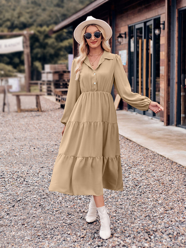 Women's Casual Shirt Collar Button Waist Long Sleeve Dress