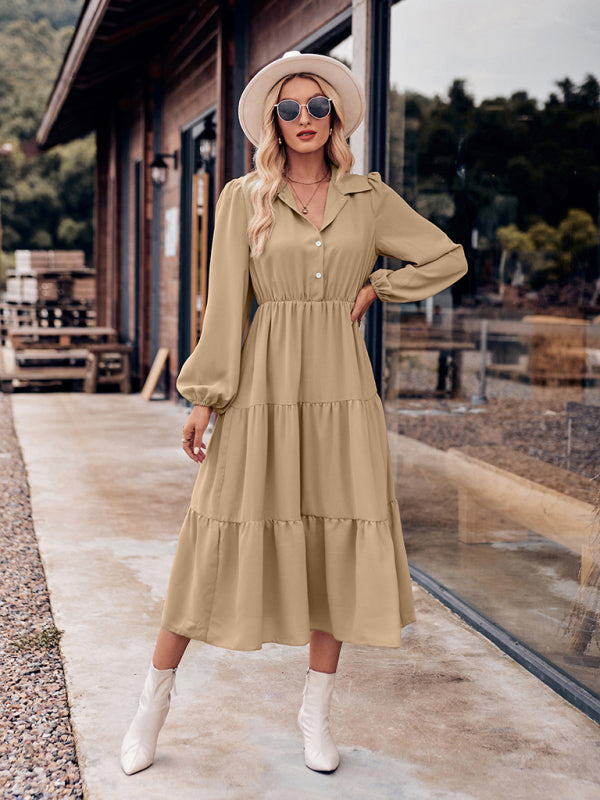Women's Casual Shirt Collar Button Waist Long Sleeve Dress