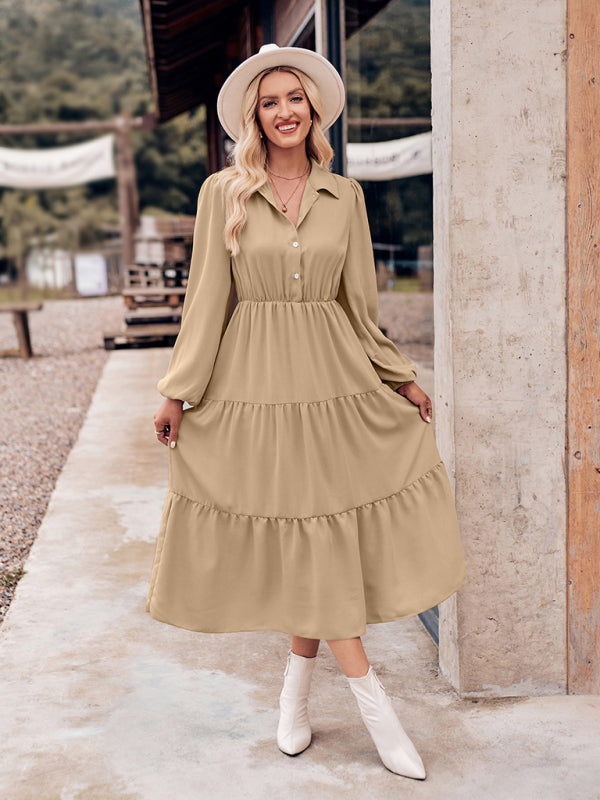 Women's Casual Shirt Collar Button Waist Long Sleeve Dress