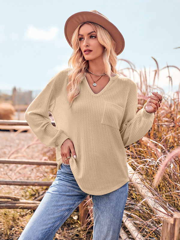 Women's V Neck Casual Slim Long Sleeve Top with Pockets