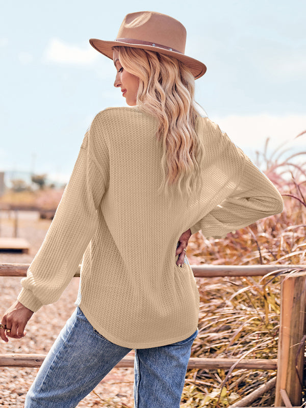 Women's V Neck Casual Slim Long Sleeve Top with Pockets